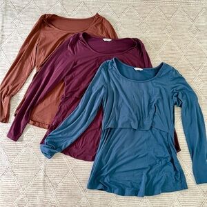 Pack of 3 Women's Long Sleeve pumping and nursing Tops - Blue, Purple, Brown
